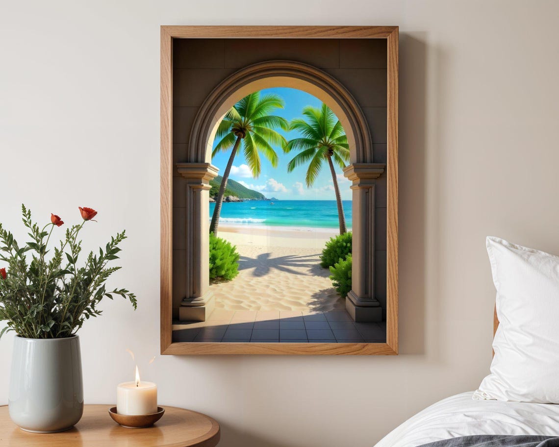 Tropical Palm Beach View Through Stone Archway Terrace Poster