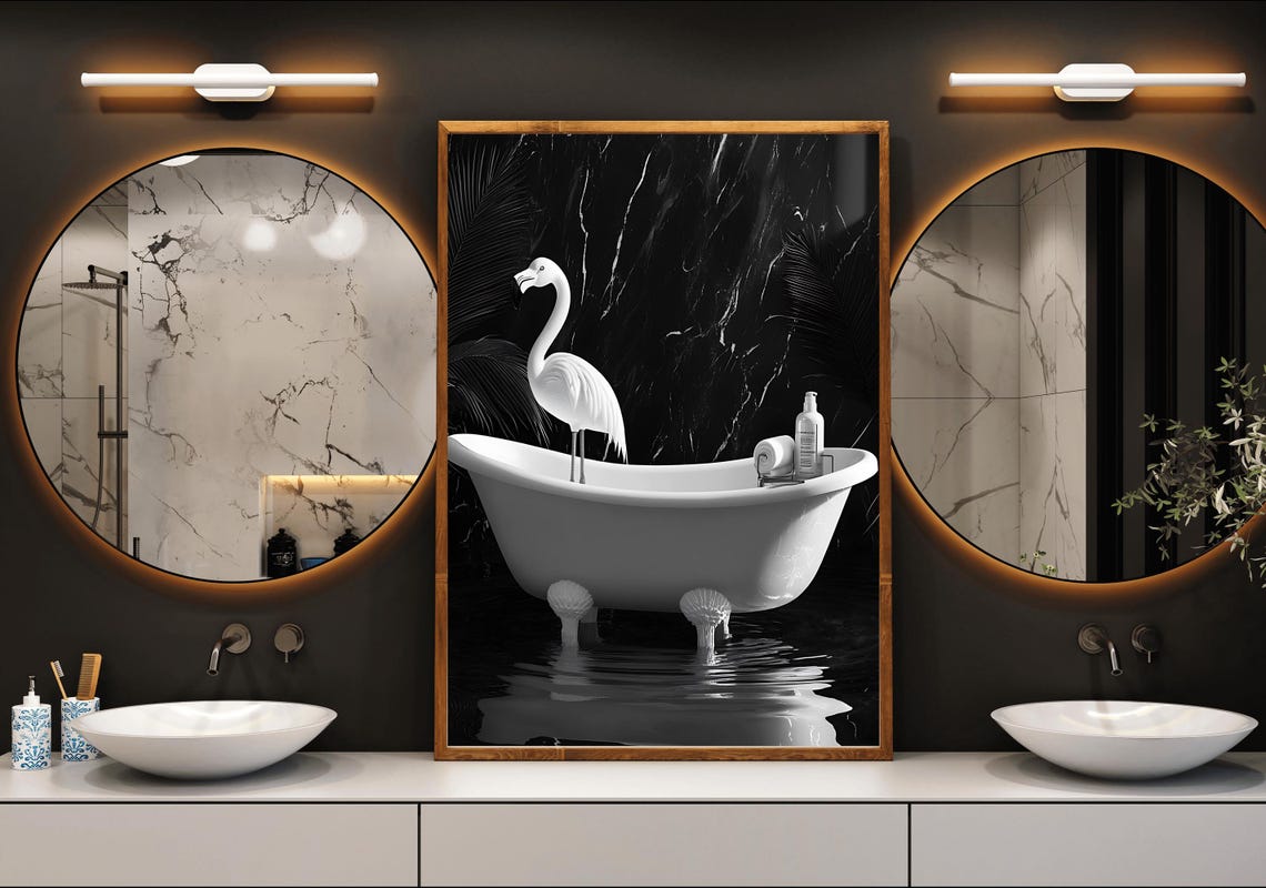 Elegant Flamingo Standing in a Bathtub Against Black Marble Poster - Image 3