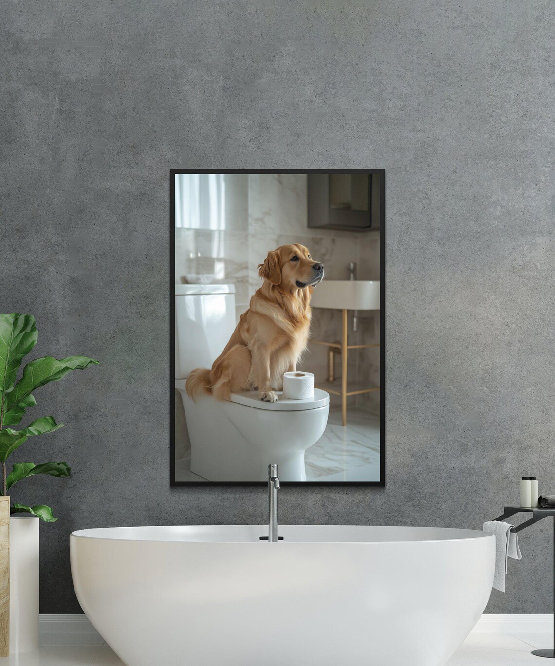 Golden Retriever Sitting on a Toilet With Toilet Paper Poster - Image 2