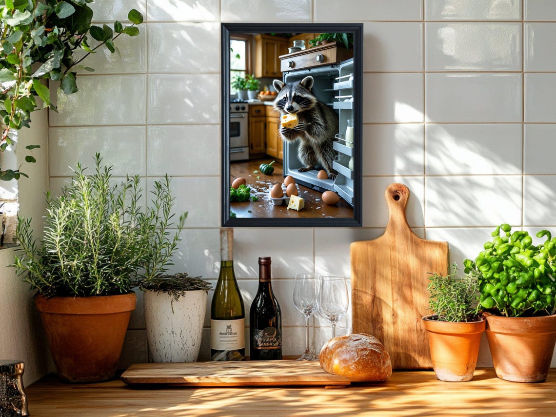 Mischievous Raccoon Raiding the Kitchen Fridge with Cheese Poster - Image 2
