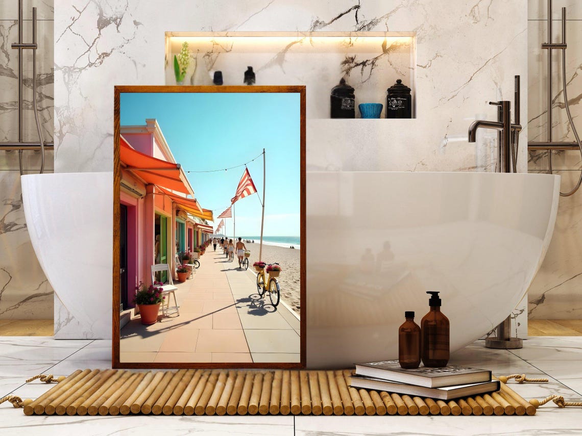 Colorful Seaside Boardwalk Promenade With Flags and Bicycles Poster - Image 2