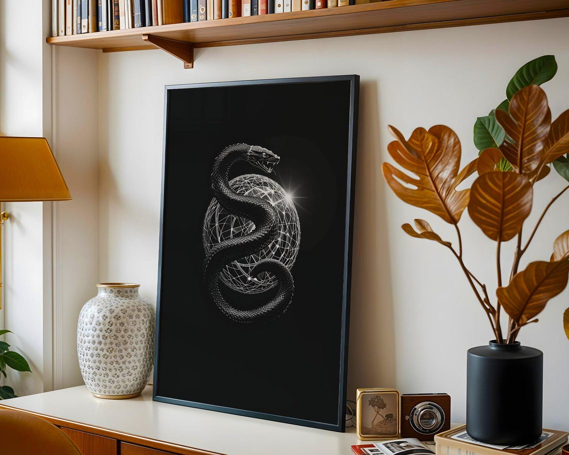 Mystical Snake Black And White Wall Art Geometric Serpent Print Modern Minimalist Decor Unique Reptile Artwork For Home Office - Image 2