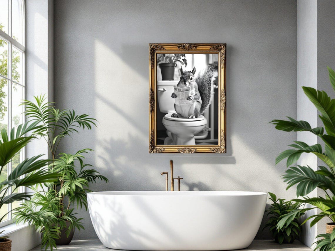 Squirrel Reading Newspaper On Toilet Black And White Animal Poster - Image 3