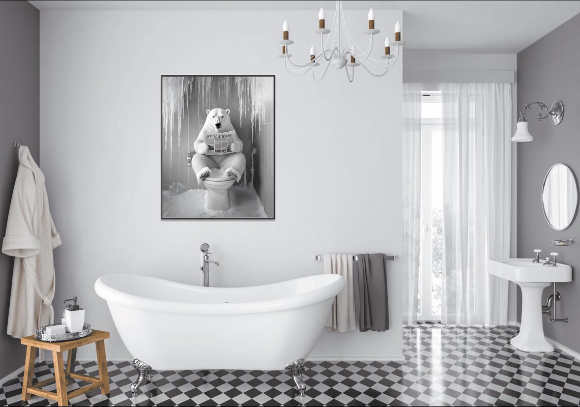 Funny Polar Bear Reading a Newspaper on the Toilet in Icy Bathroom Poster - Image 2