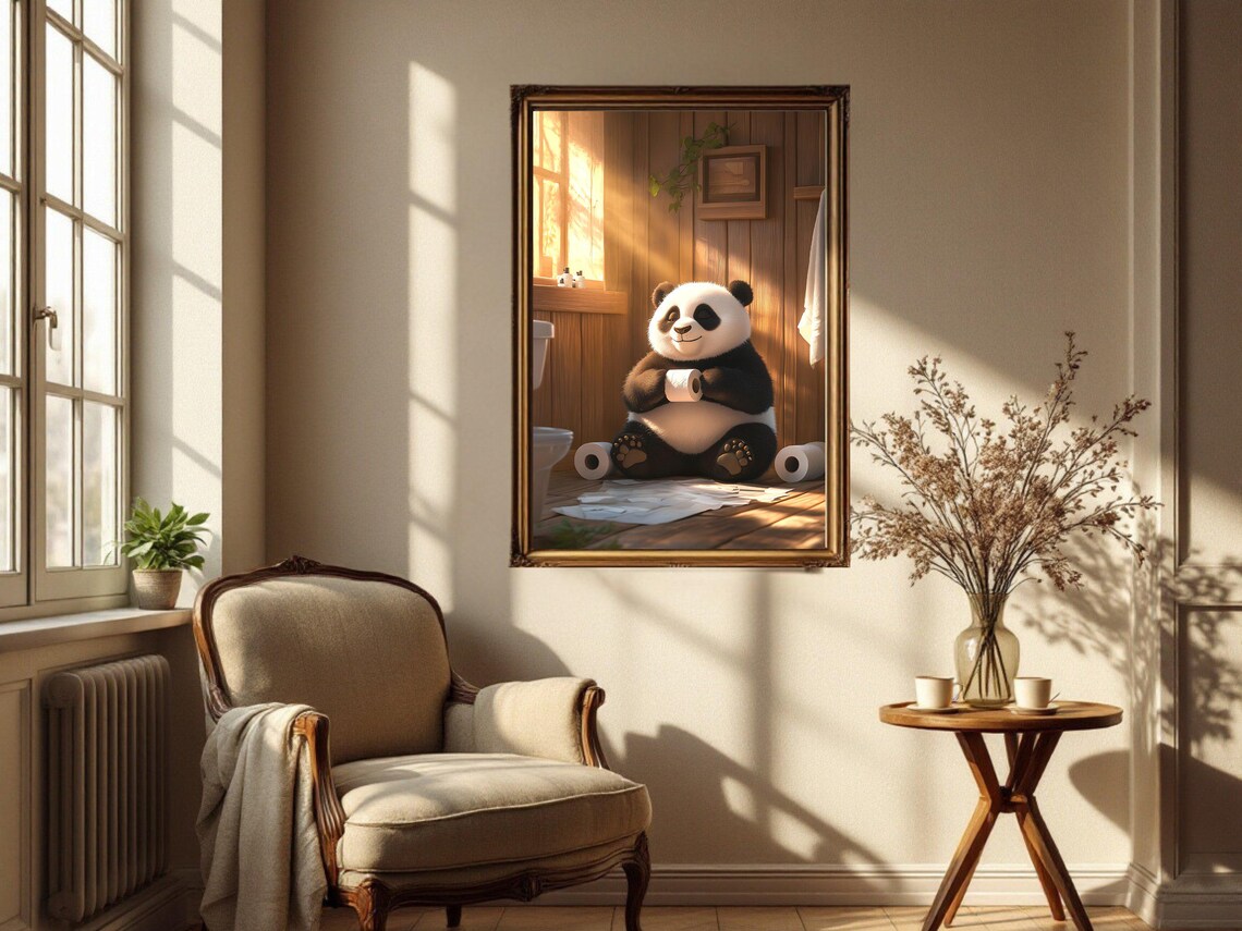 Smiling Panda Sitting on the Bathroom Floor Hugging Toilet Paper Poster - Image 4