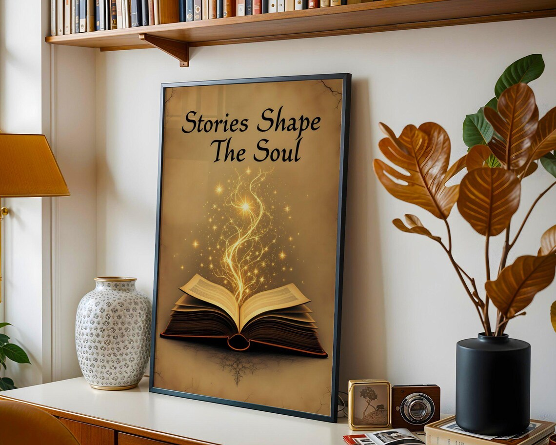 Stories Shape the Soul Glowing Open Book Literary Magic Quote Wall Poster - Image 3