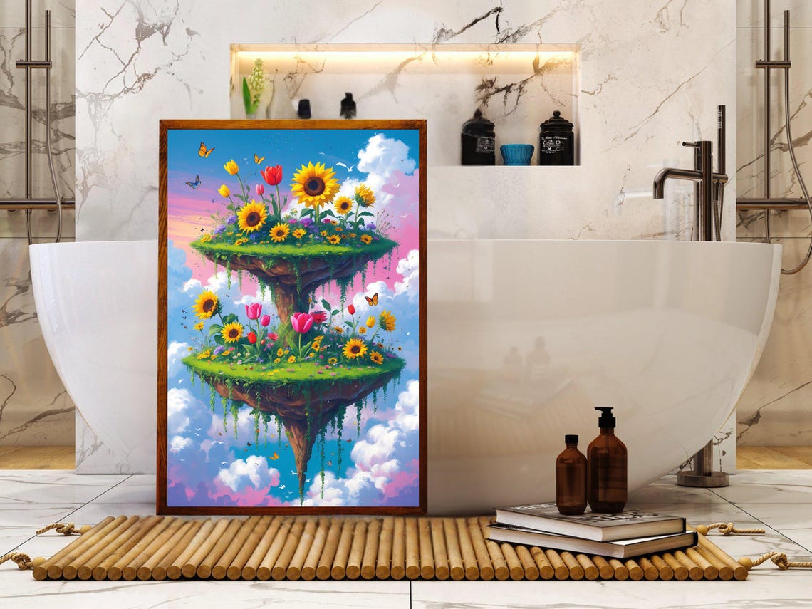 Floating Island Garden Wall Art Surreal Nature Artwork Colorful Flowers And Butterflies Whimsical Sky Fantasy Print - Image 5