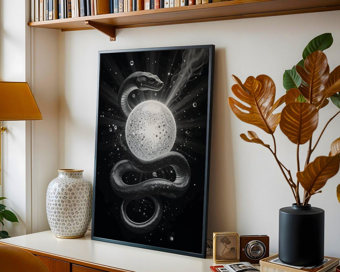 Celestial Serpent Wrapped Around Glowing Orb Night Sky Poster - Image 2