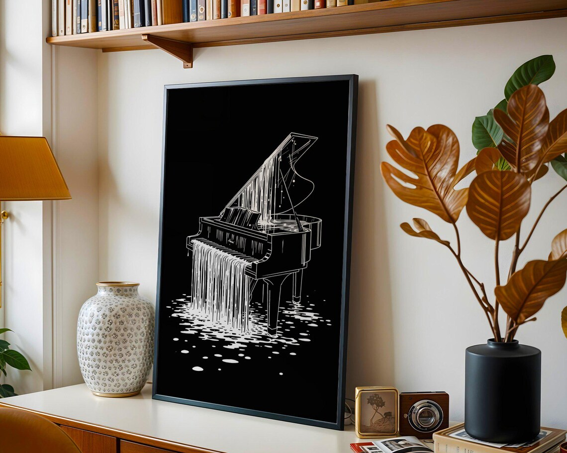 Melting Grand Piano Black And White Surreal Line Art Music Poster - Image 2