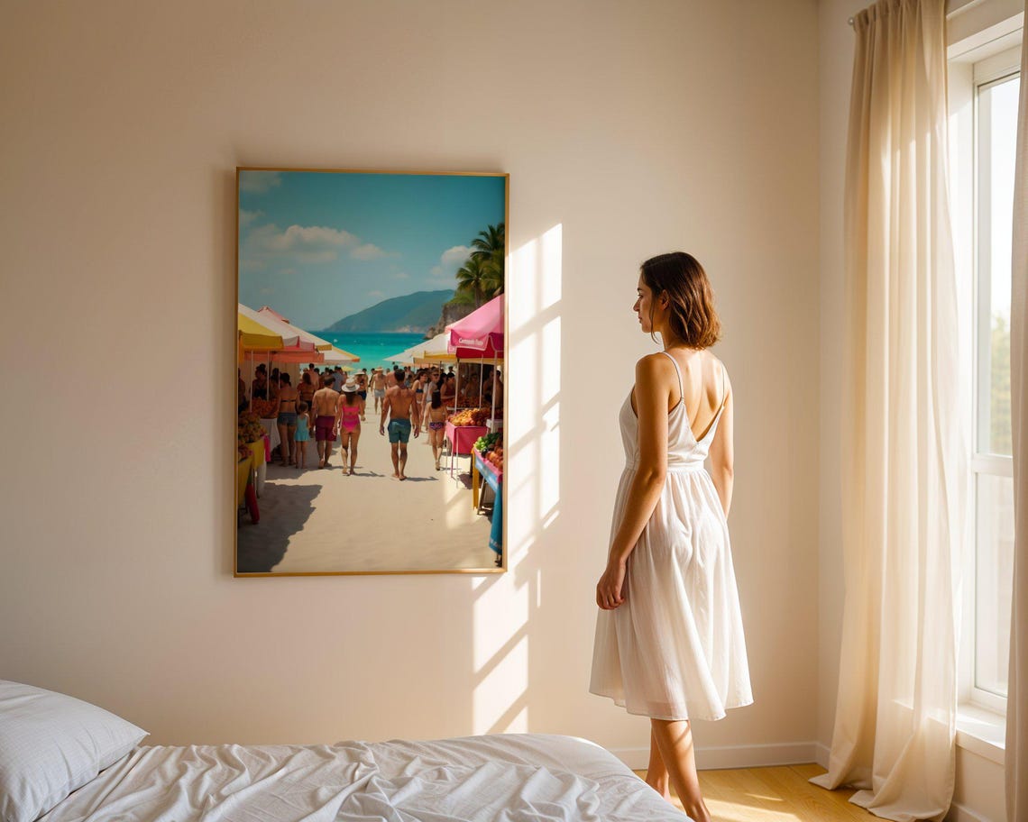 Colorful Beachside Market Stalls on Busy Summer Beach Poster - Image 4