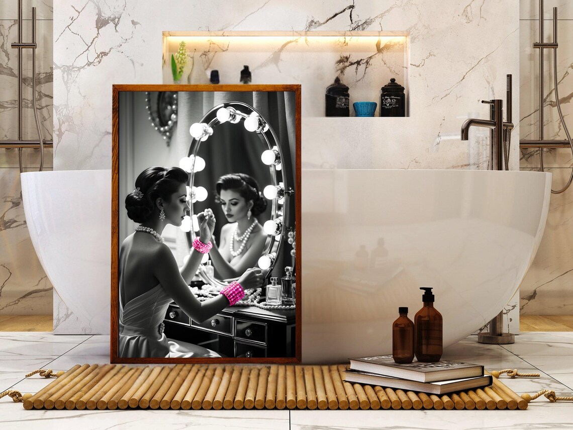 Woman Applying Lipstick at a Hollywood Vanity Mirror With Pink Accents Poster - Image 5