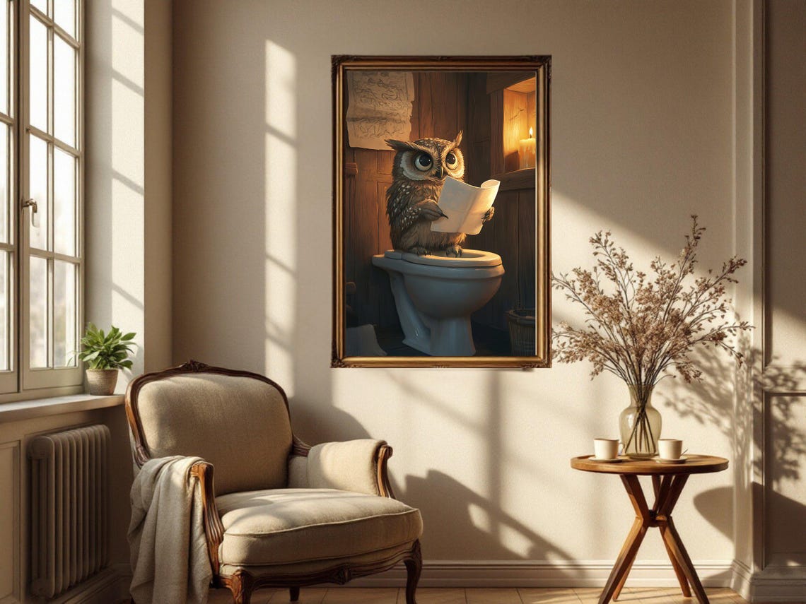 Little Owl Reading Letter On Toilet In Rustic Bathroom Animal Poster - Image 4