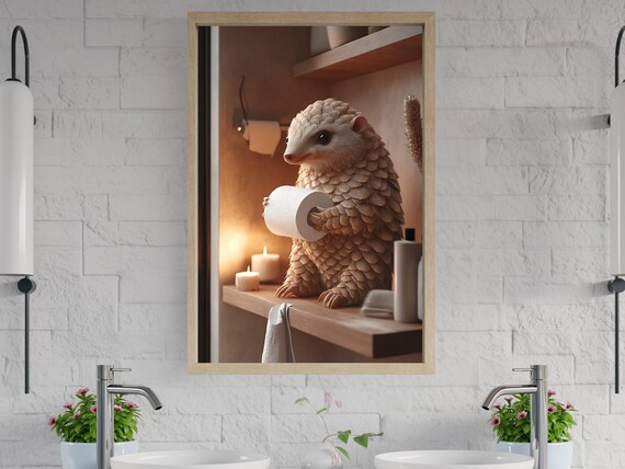Pangolin Holding a Toilet Paper Roll on a Candlelit Bathroom Shelf Poster