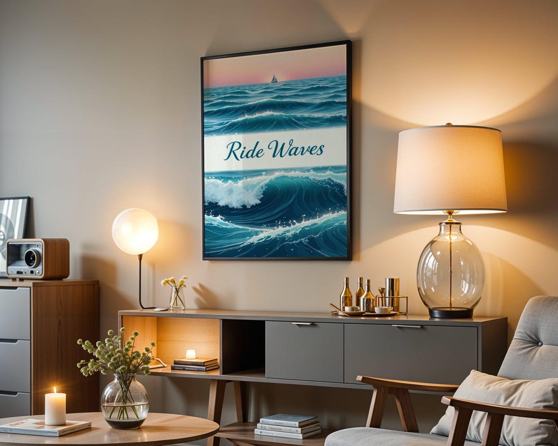 Ride Waves Rolling Ocean Waves At Sunset Surf Coastal Quote Poster - Image 4