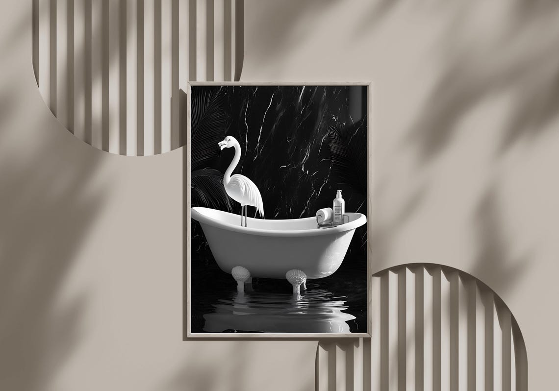 Elegant Flamingo Standing in a Bathtub Against Black Marble Poster