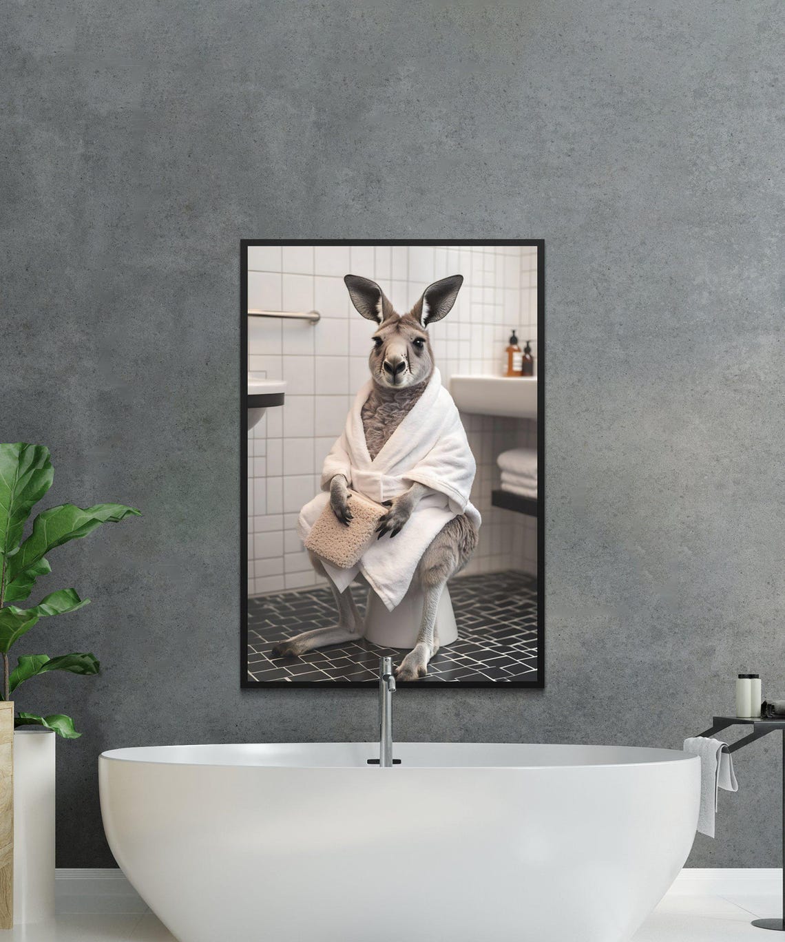 Kangaroo in a Bathrobe Sitting on a Toilet Holding a Sponge Poster - Image 3