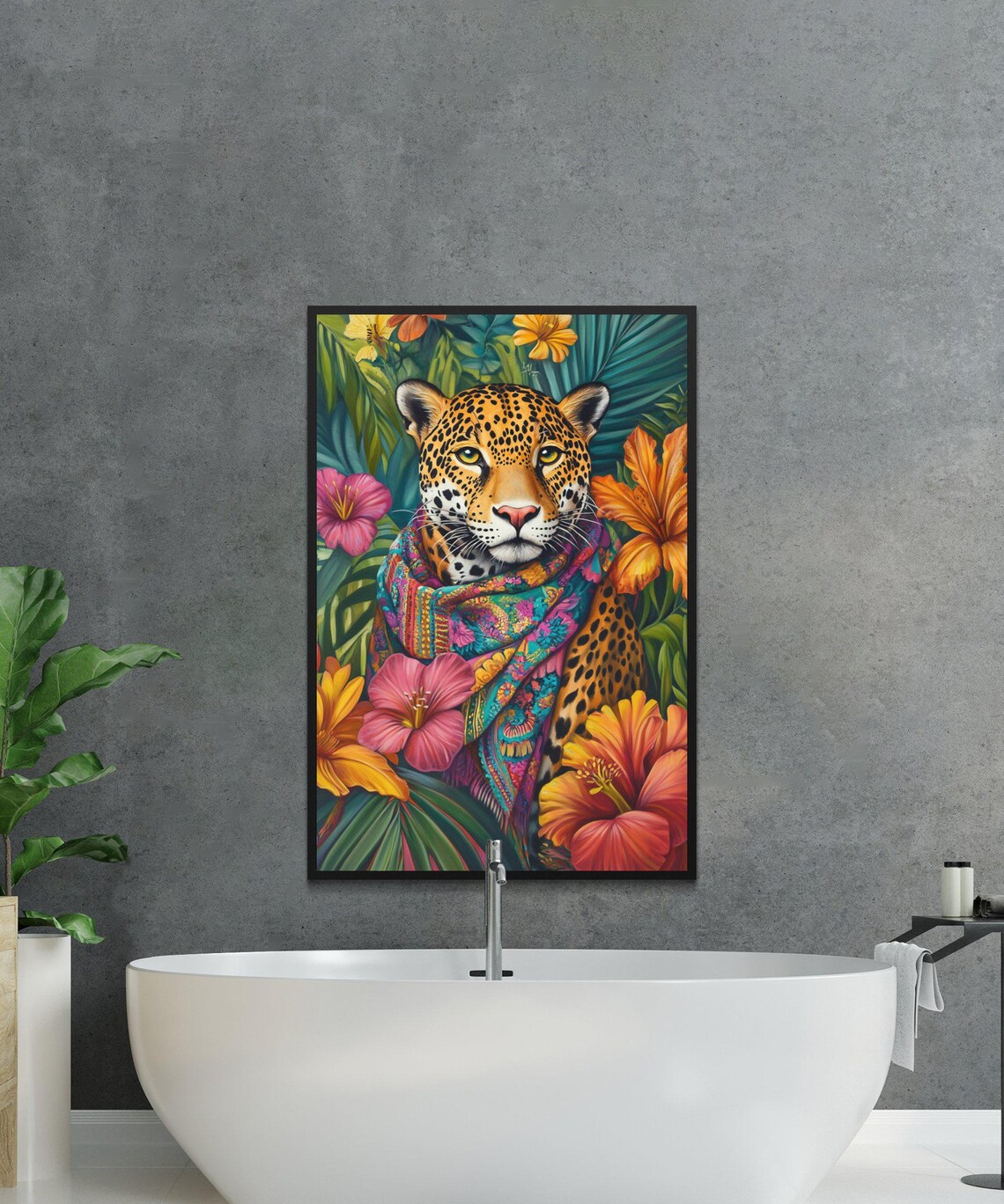 Colorful Leopard In A Bohemian Scarf Among Tropical Flowers Poster - Image 3