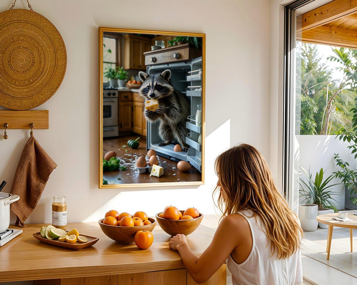 Mischievous Raccoon Raiding the Kitchen Fridge with Cheese Poster - Image 5