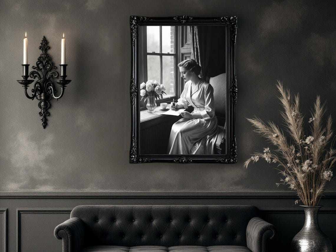 Woman in Satin Robe Writing Letter by Window with Peonies Poster - Image 4