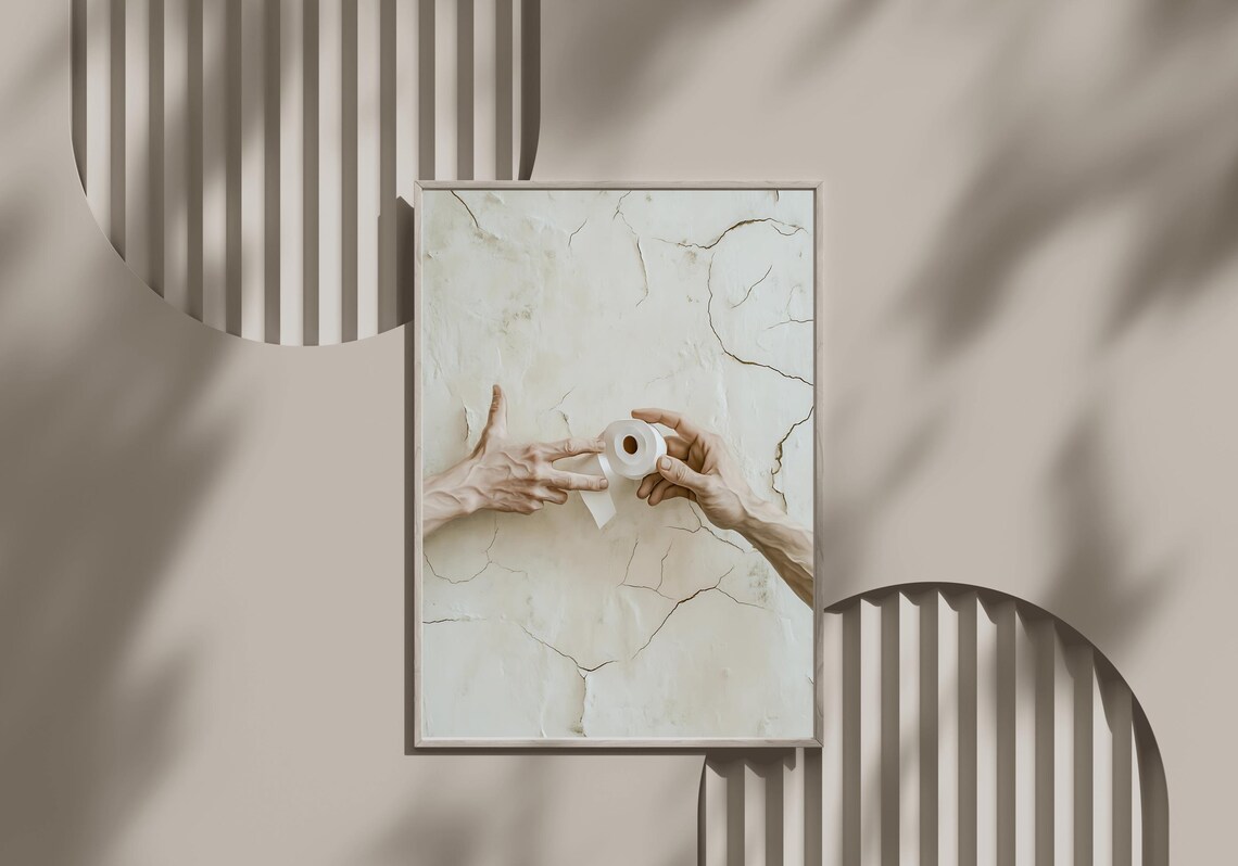 Creation of Adam Parody with Toilet Paper Funny Bathroom Art Poster