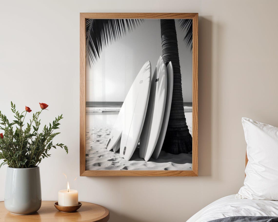 Black and White Surfboards Leaning on Palm Tree Beach Photo Poster