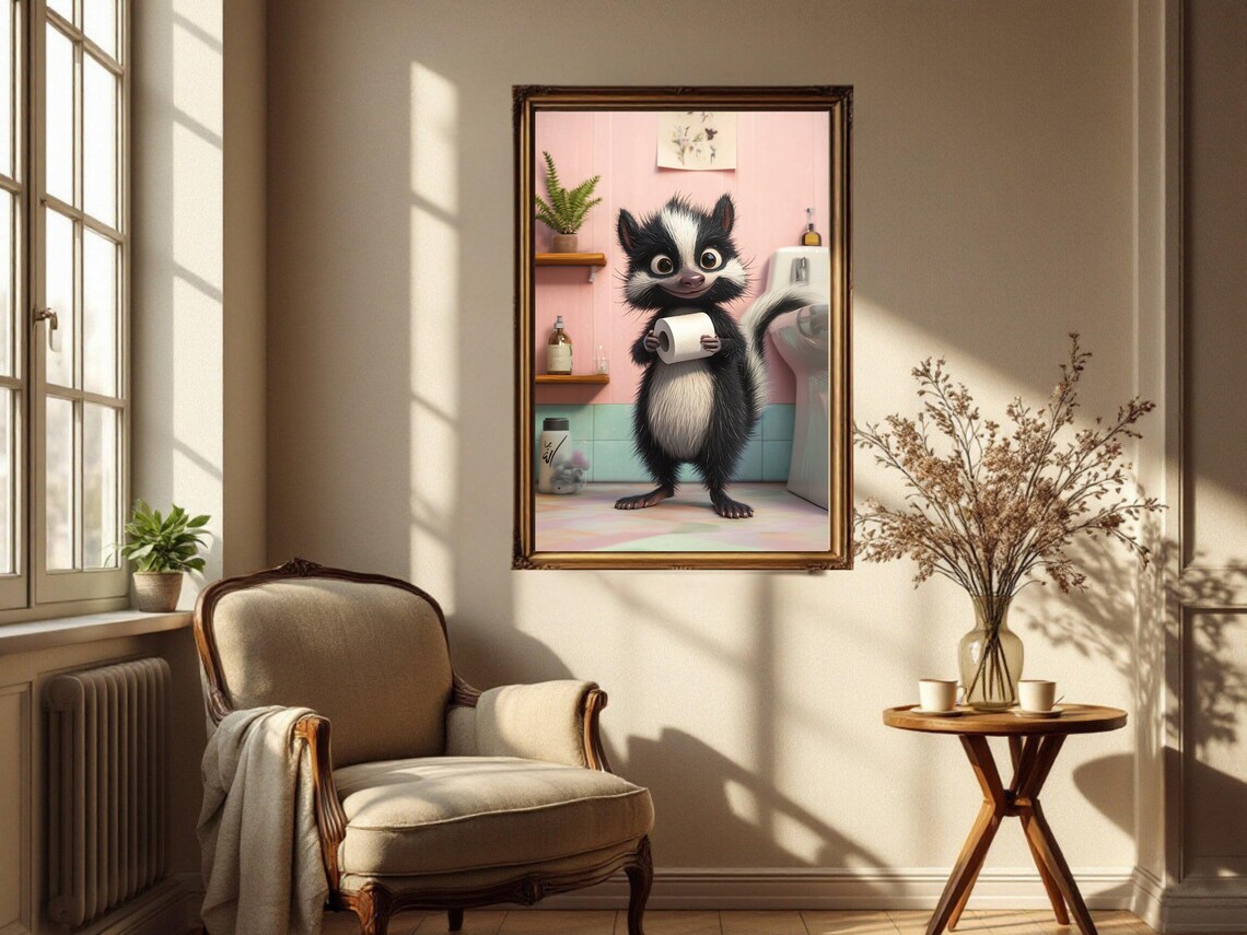 Funny Cartoon Skunk Holding a Roll of Toilet Paper Bathroom Poster - Image 4