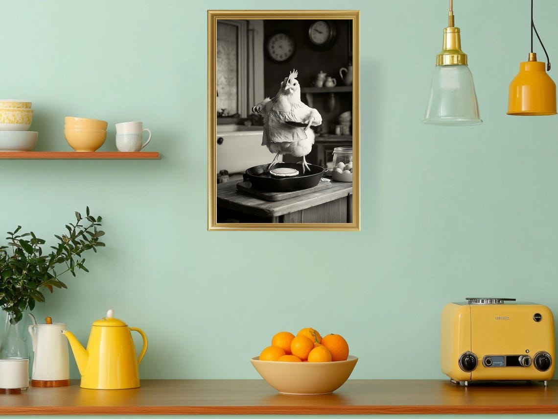 Hen in Apron Flipping Pancake Funny Kitchen Humor Art Poster - Image 3
