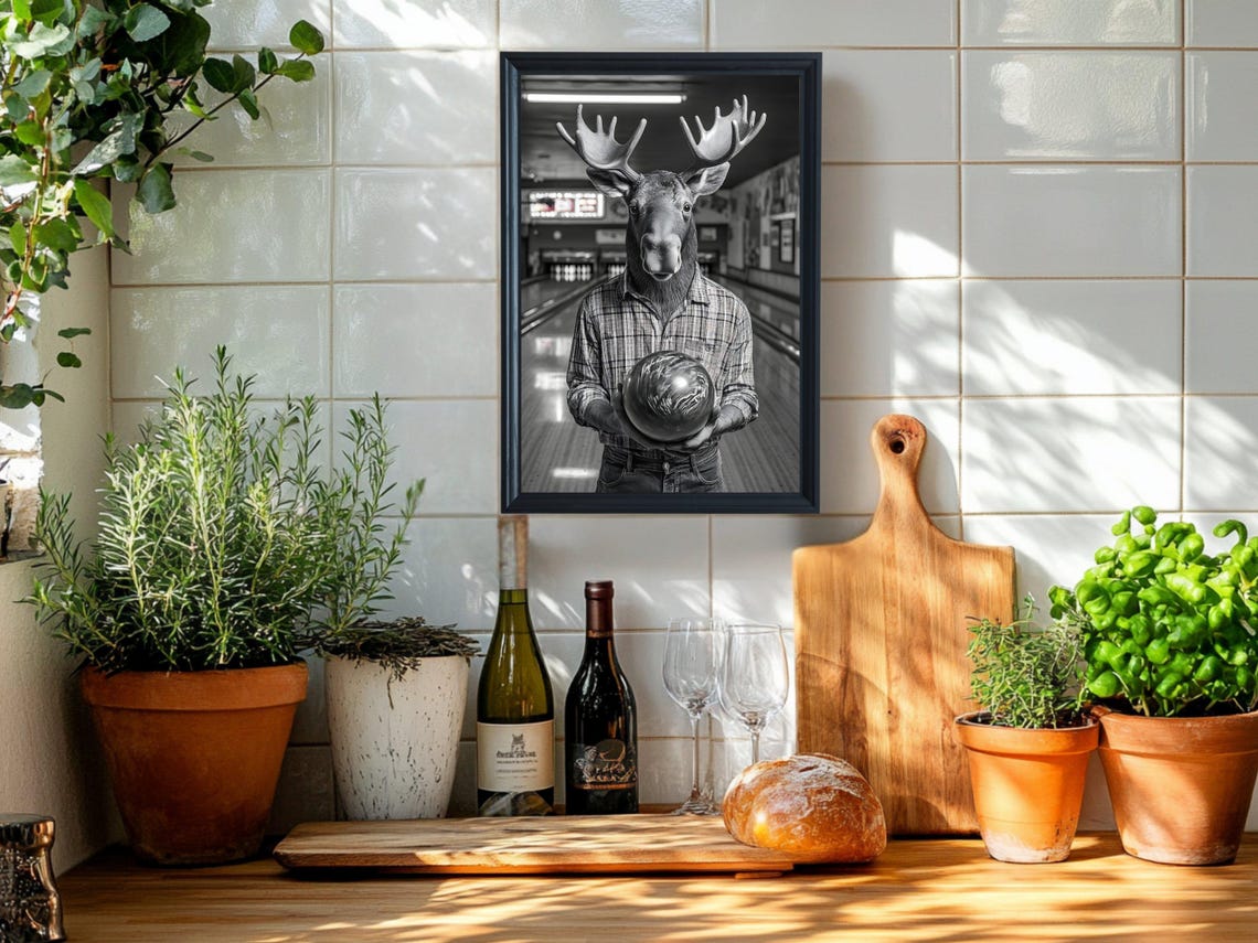 Moose Bowling in Plaid Shirt Funny Animal Game Room Art Poster - Image 2