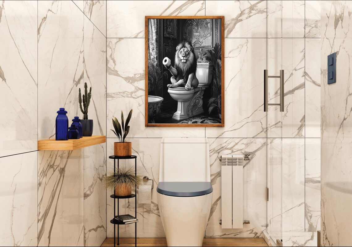 Lion Sitting On A Toilet Holding A Toilet Paper Roll Black White Poster - Image 4