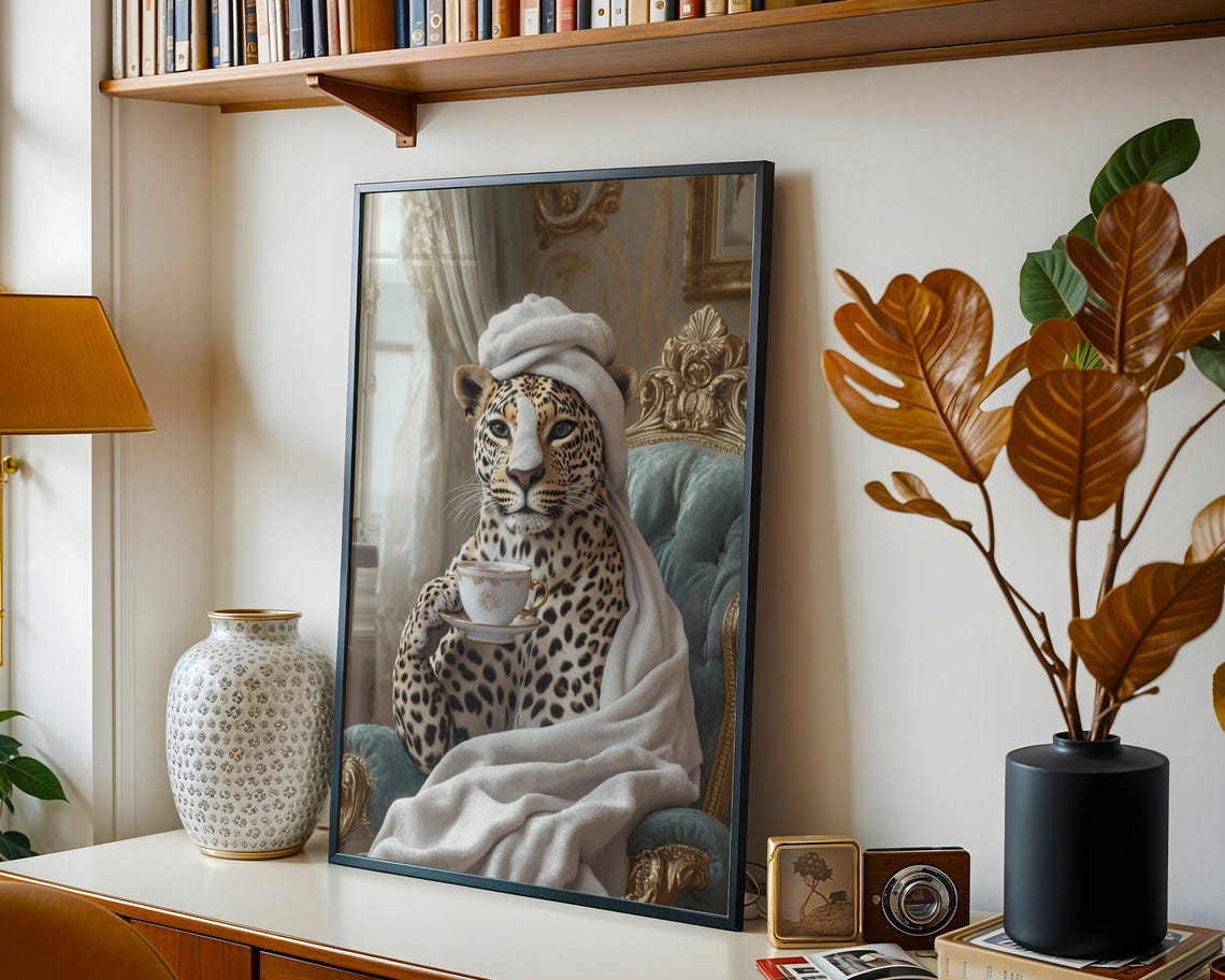 Leopard in a Towel Turban Sipping Tea on a Velvet Chair Poster - Image 4