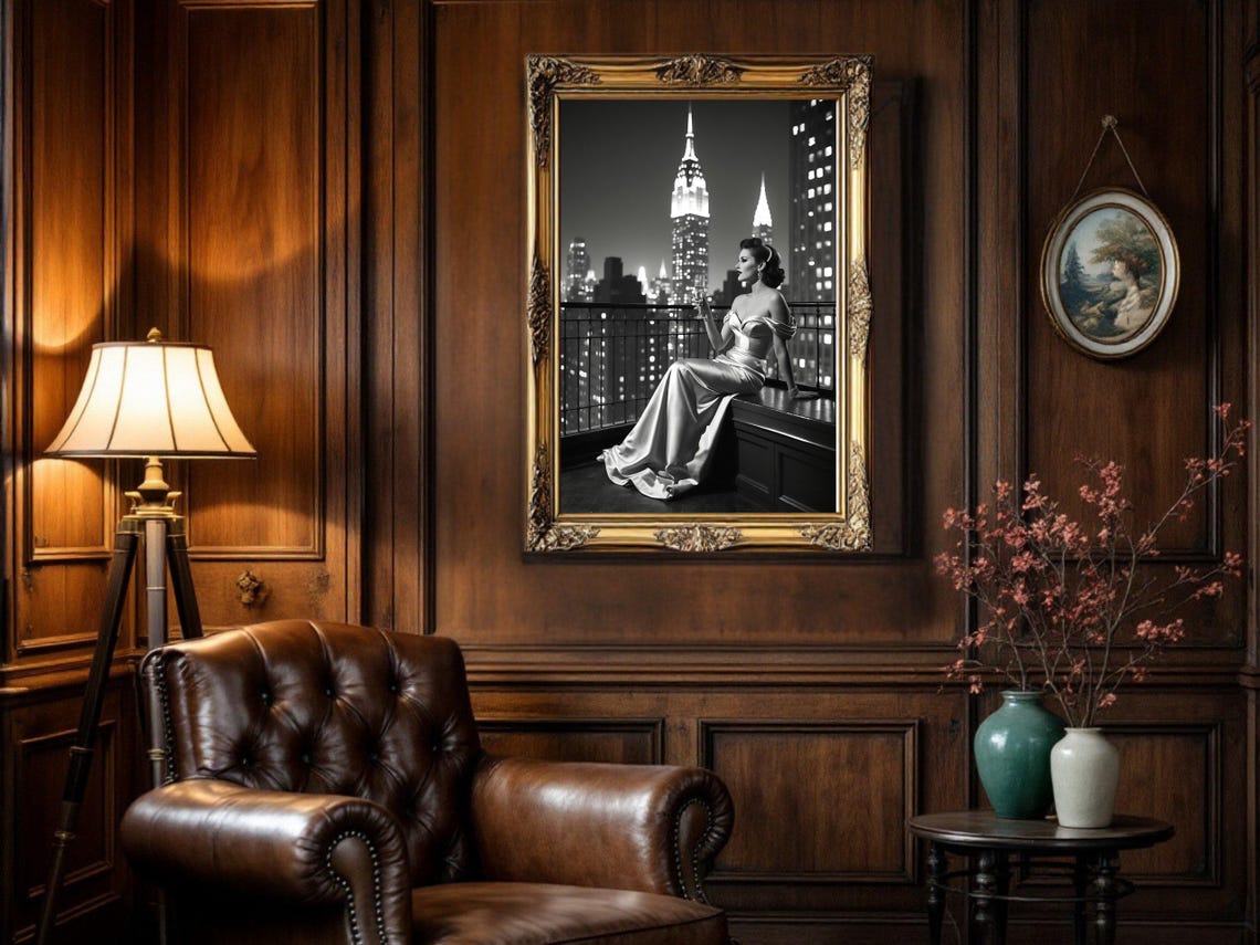 Woman in Satin Gown on New York Terrace at Night, B&W Poster - Image 5
