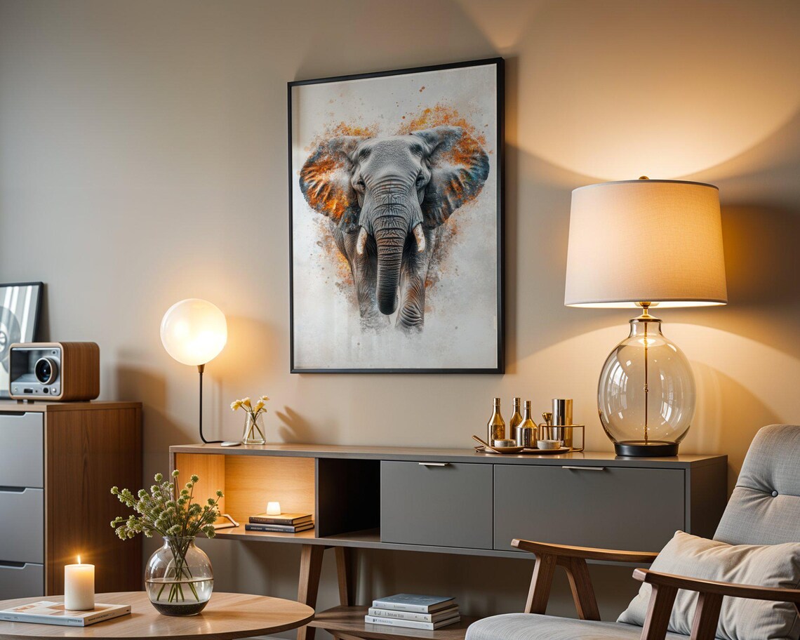 Majestic Elephant Watercolor Portrait With Warm Orange Splash Poster - Image 3