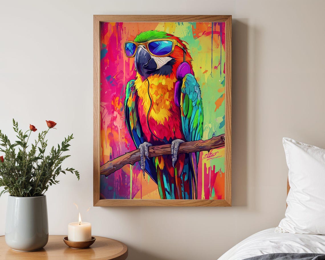Cool Macaw Parrot With Sunglasses and Headphones Neon Art Poster
