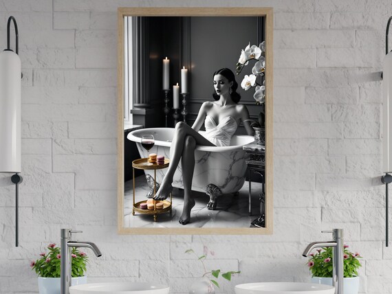 Elegant Woman In Marble Bathtub Wall Art Modern Bathroom Decor Luxury Home Interior Prints Feminine Art Prints Stylish Wall Decor