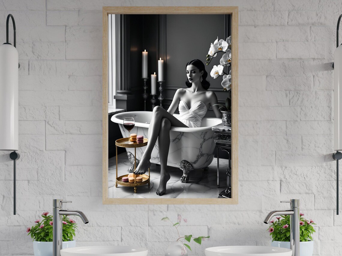 Elegant Woman In Marble Bathtub Wall Art Modern Bathroom Decor Luxury Home Interior Prints Feminine Art Prints Stylish Wall Decor