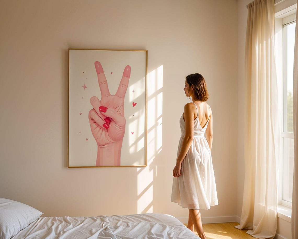 Pink Peace Sign Hand with Red Nails Cute Illustration Wall Art - Image 4
