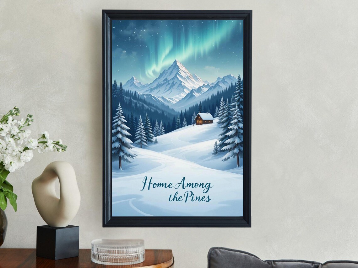 Home Among The Pines Winter Cabin Under Aurora Landscape Poster