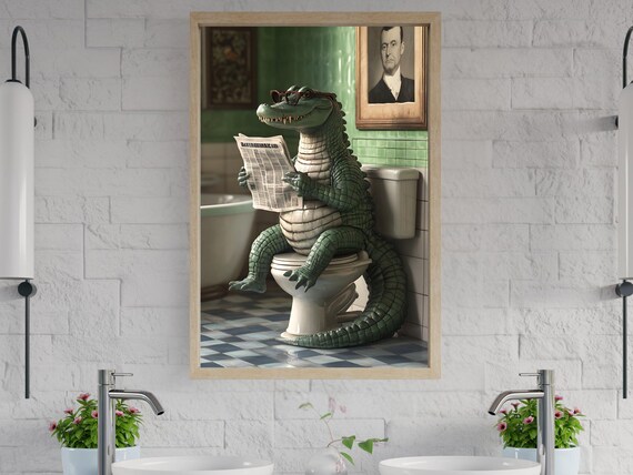 Alligator Reading Newspaper Wall Art Funny Animal Bathroom Decor Humorous Art Print For Bathroom Quirky Alligator Poster