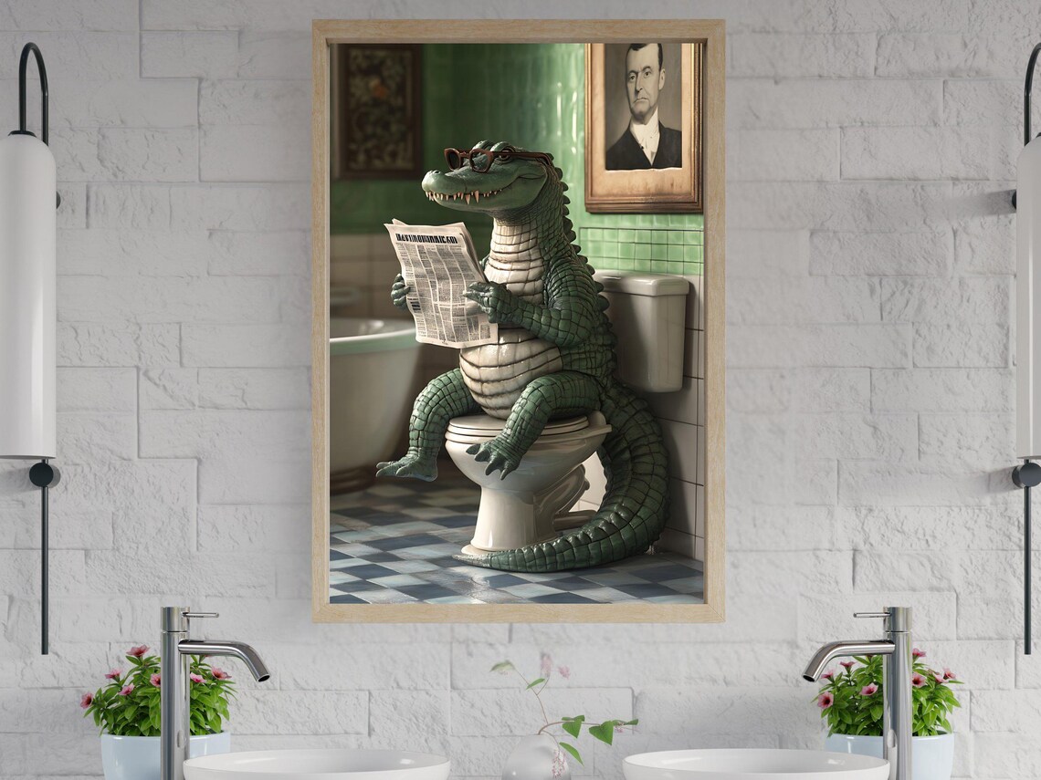 Alligator Reading Newspaper Wall Art Funny Animal Bathroom Decor Humorous Art Print For Bathroom Quirky Alligator Poster