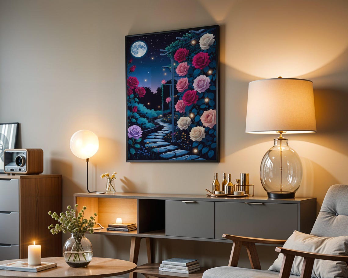 Moonlit Rose Garden Path Trellis Night Floral Scene Art Print - Image 3