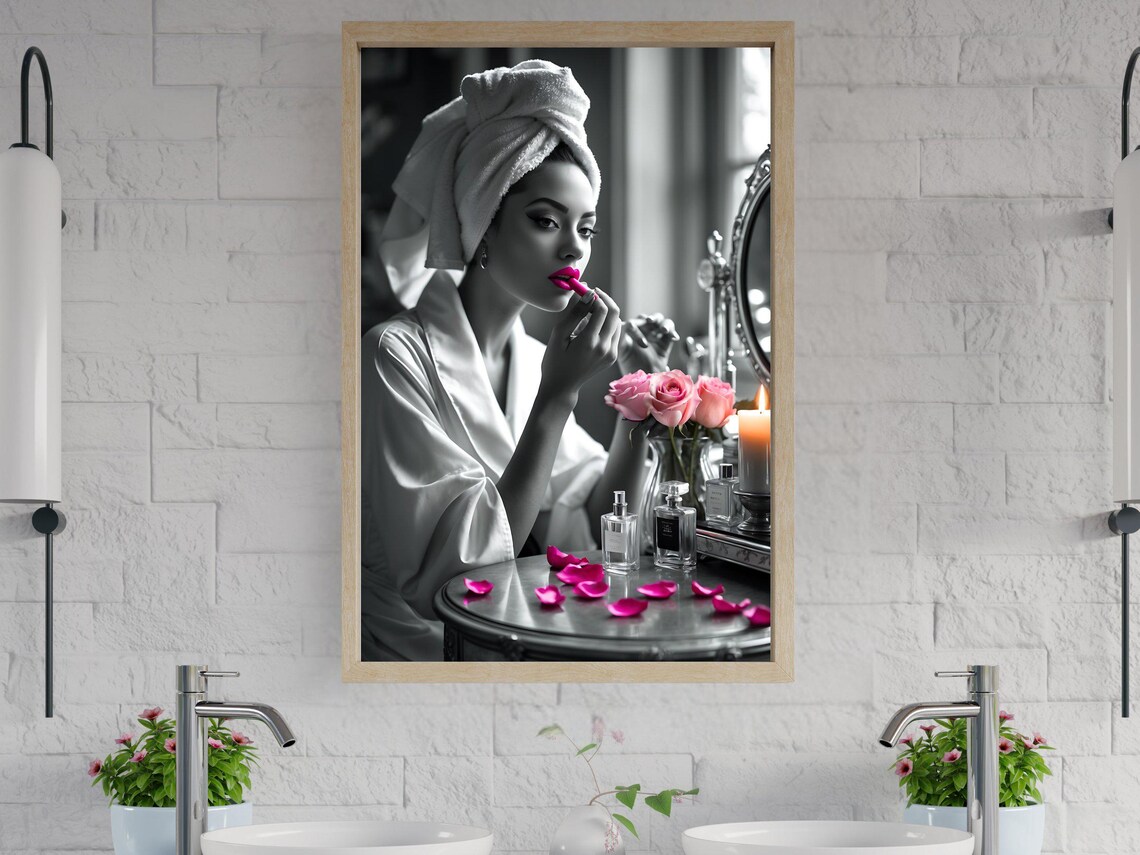 Woman in a Towel Turban Applying Pink Lipstick at a Vanity Poster
