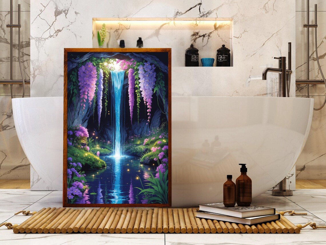Waterfall Grotto With Hanging Wisteria In Magical Cave Poster - Image 5