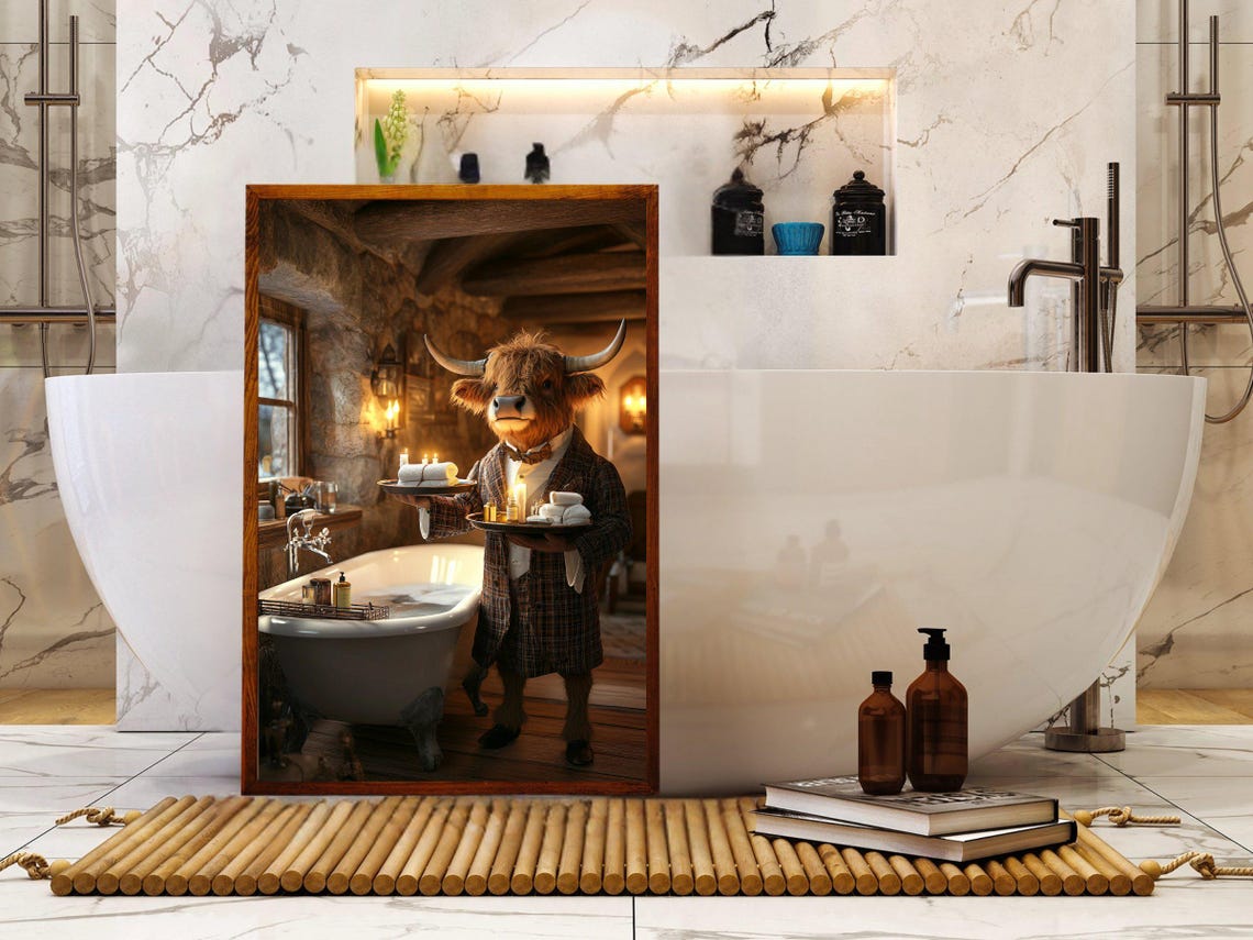 Highland Cow Butler in a Plaid Suit Serving Towels Bath Poster - Image 5