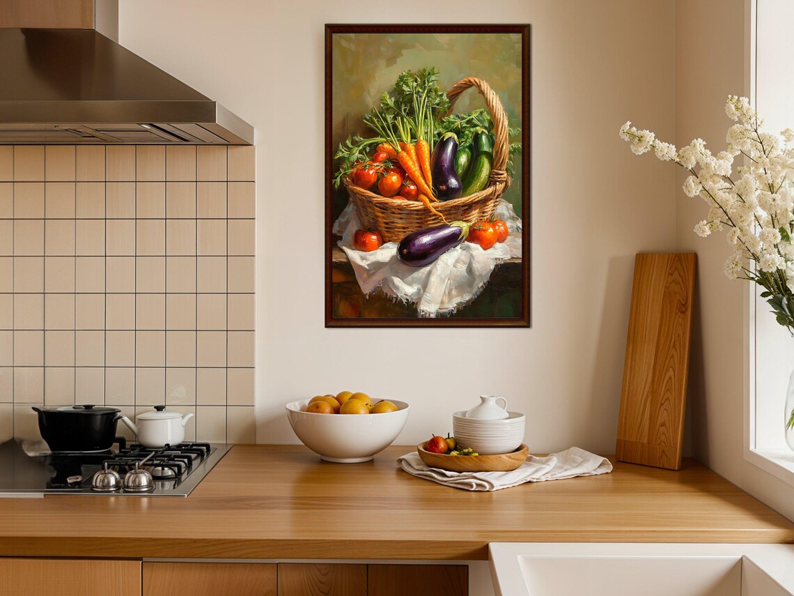 Farmhouse Vegetable Basket Wall Art Rustic Kitchen Decor Fresh Produce Painting Country Farm Print Vegetable Kitchen Art - Image 3