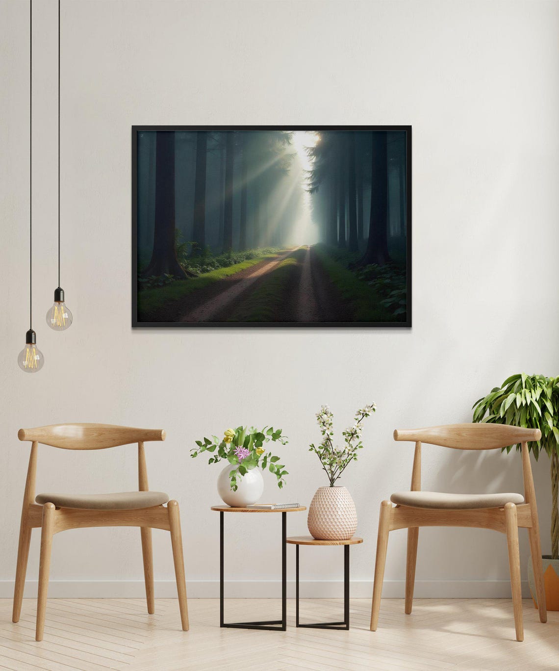 Sunlight Beams Streaming Through Tall Forest Pathway Nature Poster - Image 2