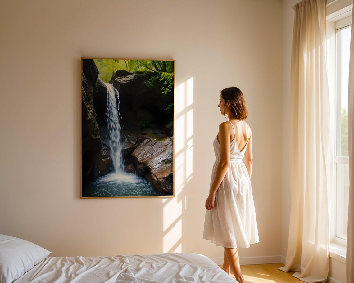 Forest Waterfall Cascading Between Dark Rocks into a Pool Poster - Image 2