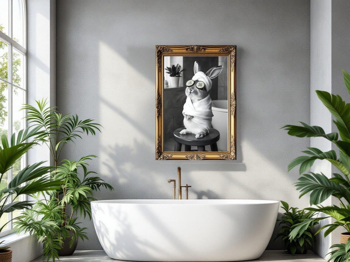 Bunny Spa Day With Cucumber Slices Black And White Animal Poster - Image 3