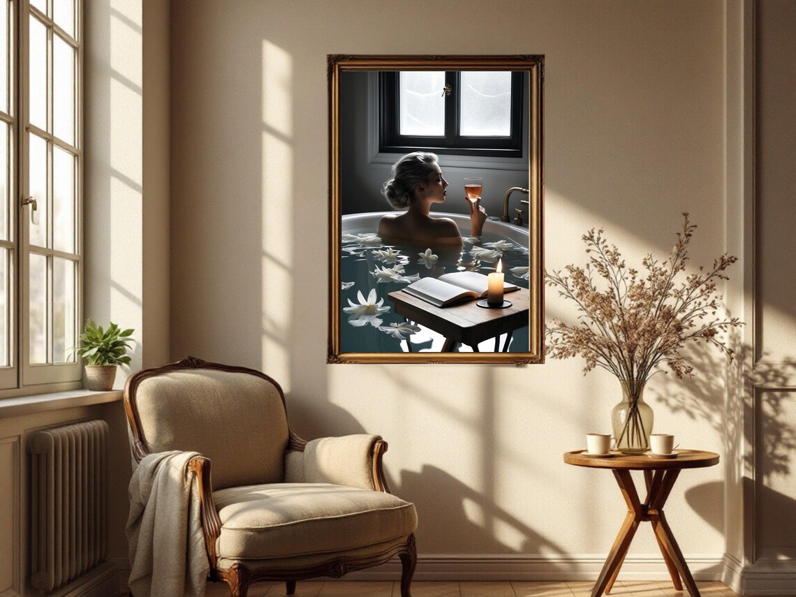Woman in a Bathtub With Wine Floating Flowers and a Book Poster - Image 2