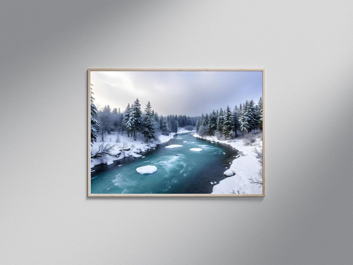 Snowy River Winding Through Pine Forest Winter Wonderland Poster
