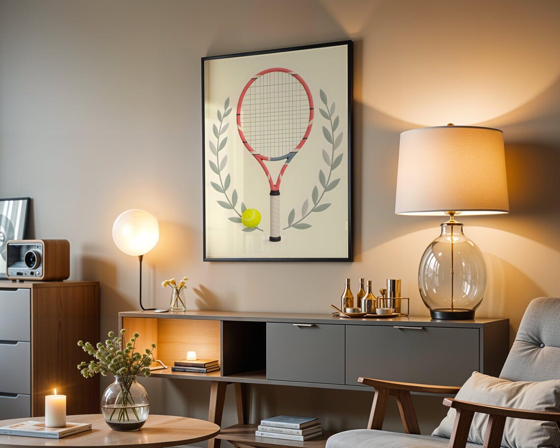 Pink Tennis Racket and Ball with Laurel Wreath Sports Poster - Image 3
